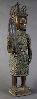 Large African Benin Bronze Figure, 20th c., of a warrior king, H.- 36 in., W.- 11 in., D.- 10 in.