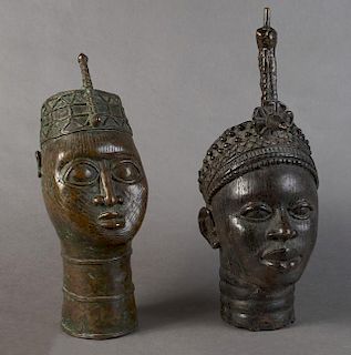 Two African Benin Bronze Oba Heads, 20th c., Tallest- 19 in., W.- 6 3/4 in., D.- 9 in.