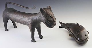 Two African Benin Bronzes, 20th c., one of a cat; the other a covered box in the form of a fish (2 Pcs.), Cat- H.- 10 in., W.