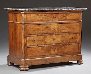 French Louis Philippe Carved Walnut Marble Top Commode, c. 1850, the canted corner highly figured grey marble over a frieze d