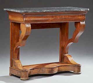 French Louis Philippe Carved Mahogany Marble Top Pier Table, late 19th c., the rounded corner reeded edge highly figured grey