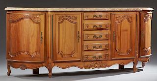 Louis XV Style Carved Cherry Marble Top Sideboard, 20th c., the breakfront demilune highly figured rouge and ochre marble ove