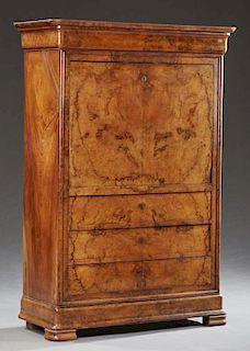 French Louis Philippe Carved Walnut Secretary Abattant, c. 1860, the rounded corner rectangular top over a cavetto frieze dra