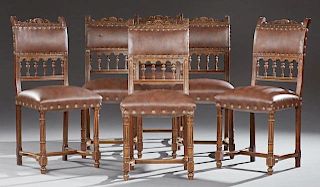 Set of Six Henri II Style Carved Walnut Dining Chairs, late 19th c., the shell and scroll crest over an upward curved back, o