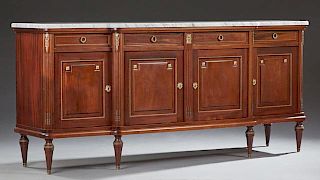French Louis XVI Style Ormolu Mounted Mahogany Sideboard, 20th c., the bowfront ogee edge figured rounded corner marble, over
