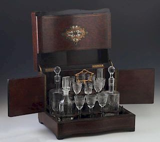 French Boulle and Mother-of-Pearl Inlaid Burled Walnut Cave a Liqueur, 19th c., the top with a central inlay with a gilt "C" 