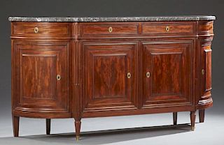 French Louis XVI Style Mahogany Bowfront Marble Top Sideboard, 19th c., the ogee edge highly figured grey marble over two cen
