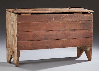 Rustic Walnut Sugar Chest, 19th c., the rectangular plank top with iron hinges opening to a deep interior with a divided comp