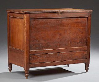 Southern Carved Walnut Sugar Chest, 19th c., the rectangular lift top over inset panel sides, above a single long drawer, on 