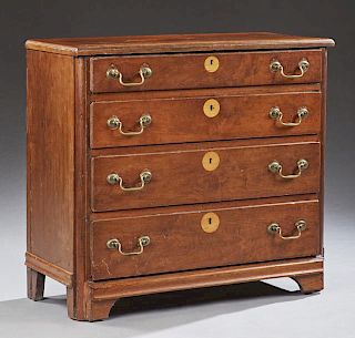 English Inlaid Mahogany Chest, 19th c., the reeded edge rectangular top over four graduated drawers, flanked by rounded edges
