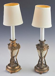 Pair of Louis XVI Style Alabaster and Brass Candlestick Lamps, 20th c., the sides with ram's head mounts, H.- 11 1/2 in., Dia
