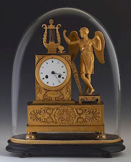 Exceptional French Empire Style Gilt Bronze Mantle Clock, 19th c., with a gilt lyre surmount over a rectangular case with rel