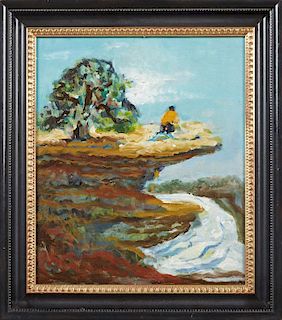 William Arnold (1902-2006, Louisiana), "Man on the Cliff," 1968, oil on panel, signed and dated verso, presented in an eboniz