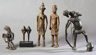 Group of Five African Benin Bronze Figures, 20th c., consisting of a warrior with a bow and spear in his neck; a tall male an