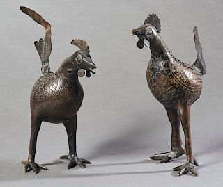 A Pair of African Benin Bronze Roosters, 20th c., Tallest- H.- 9 1/4 in., W.- 4 in., D.- 6 3/4 in.