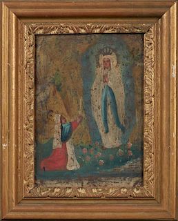 South American School, " Praying to the Virgin Mary," 19th c. retablo, oil on tin, presented in a carved giltwood and gesso f