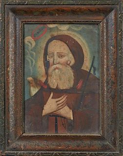 South American School, "Saint Paul," 19th c., retablo, oil on tin, presented in a stenciled gilt and gesso frame, H.- 9 3/4 i