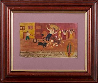 Mexican Retablo, 1935, oil on tin, giving thanks for salvation from rabid dogs, presented in a mahogany shadowbox frame with 