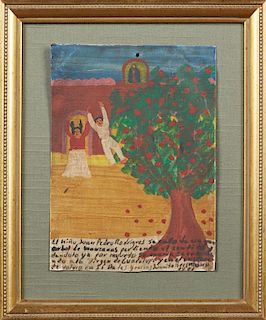 Mexican Retablo, 1941, oil on tin, "Giving Thanks to the Virgin of Guadalupe for Saving a Boy Who Fell from an Apple Tree," p
