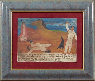 Mexican Retablo, 1941, oil on tin, "Giving Thanks to San Ramon for Saving a Boy from a Bucking Horse," presented in a mottled