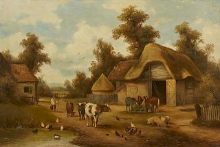 Charles Vickers (1821-1845), "Barnyard Scene with Animals," 19th c., oil on canvas, signed lower right, unframed, H.- 20 in.,