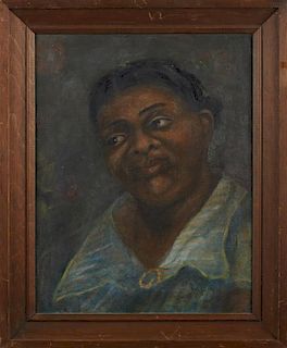 Grace Conover (Michigan), "Portrait of a Black Woman," 20th c., oil on masonite, presented in a wide pine frame," H.- 21 5/8 