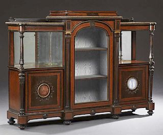 French Bronze Mounted Inlaid Burled and Ebonized Walnut Parlor Cabinet, c. 1880, the raised center section with an arched gla