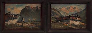 Ralph Fehey, "Tyrolean Mountain Landscape," early 20th c., oil on board, pencil signed verso, presented in shadowbox frames, 