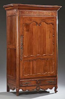 French Louis XV Style Inlaid Carved Cherry Armoire, c. 1800, the stepped canted corner ogee crown over a large single door wi