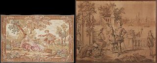 Two French Tapestries, 20th c., one by Gobelins of lovers in a garden, with hanging loops; together with a framed example of 
