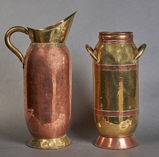 Two French Copper and Brass Umbrella Stands, 19th c., consisting of a large ewer and a handled milk bucket, Ewer- H.- 27 1/2 
