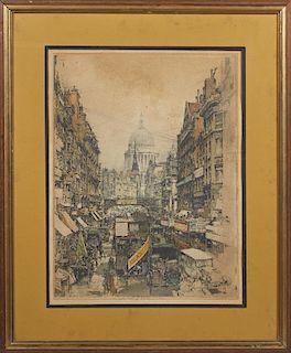 Luigi Kasimir (1881-1962), "London Fleet Street," 20th c., colored etching, pencil signed lower center margin, presented in a
