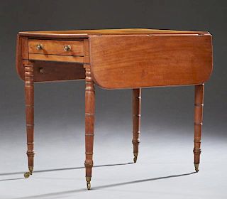 English Carved Mahogany Drop Leaf Pembroke Table, 19th c., with one end drawer and one faux end drawer, on turned tapered leg