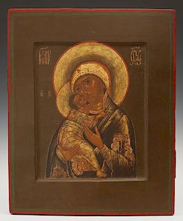 Russian Icon of the Virgin of Vladimir, 18th c., egg tempera and gilt on curved wooden panel, H.- 12 7/8 in., W.- 10 1/2 in.