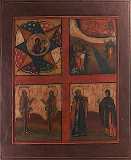 Russian Icon of Various Saints and the Virgin and Child, 19th c., oil on cured wooden panel, H.- 18 in., W.- 14 1/2 in. Prove
