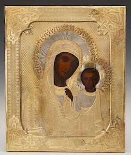 Russian Icon of the Virgin of Kazan, 1878, Moscow, with a gilt silver oklad with a maker's mark for Mukhin Alexander Alexeiv,