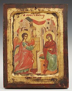 Greek Icon, 19th c., of the Annunciation, gilt and oil on panel, H.- 9 1/8 in., W.- 7 in.