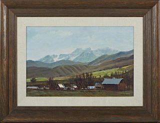 John Martin, "Mt. Timpanogus," 1985, oil on masonite, signed and dated lower right, titled verso, presented in a wide wooden 