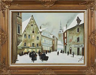 A. Martoft, "Snowy City Scene," 2006, oil on canvas, signed and dated lower right, presented in a wide gilt and gesso frame w