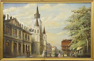Harold "Napoleon" King (1940-), "Street Scene on Jackson Square," 1979, oil on canvas, signed lower right, framed, H.- 30 in.