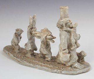 Steele Burden (1900-1995, Louisiana), "Four Little Bastards," 20th c., crackle glazed ceramic figural group, titled on front 