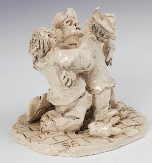 Steele Burden (1900-1995, Louisiana), "Three Dancing Drunkards," 20th c., crackle glazed ceramic figural group, signed proper