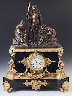 Exceptional French Gilt and Patinated Bronze and Black Marble Figural Mantle Clock, c. 1880, the top with a large patinated b