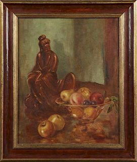 Ellsworth Woodward (1861-1939, New Orleans), "Still Life with Asian Figure and Bowl of Fruit," oil on canvas, signed lower ri