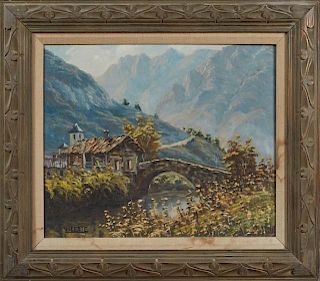 Vicente, "Mountain Landscape with Stone Bridge," 20th c., oil on canvas, signed lower left, presented in a carved wooden fram