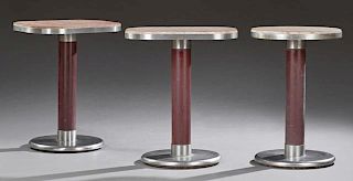 Group of Three Marble Top Iron Bistro Tables, 20th c., two rectangular and one circular example, each with an iron banded hig