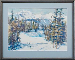 Judy Harmon, "Skiing in the Mountains," 20th c., watercolor, signed lower right, framed, H.- 16 1/4 in., W.- 22 3/4 in.