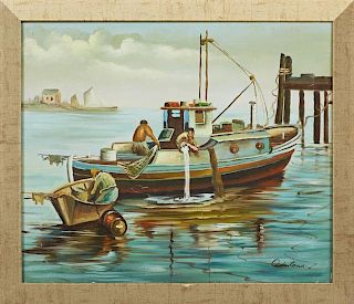 Quintana, "Cape Cod Fishermen," 20th c., oil on canvas, signed lower right, identified and titled on a gallery label verso, p
