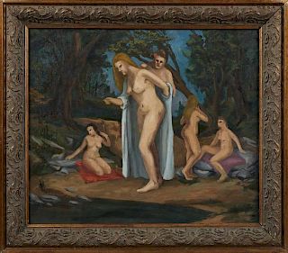 James Devita, "Bathers by the Stream," 1948, oil on canvas, signed and dated verso, presented in an ornate gilt and gesso fra