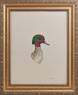 Ronald Louque (1952-, Louisiana), "Head of a Duck," 20th c., watercolor, signed lower left, presented in a gilt relief frame 
